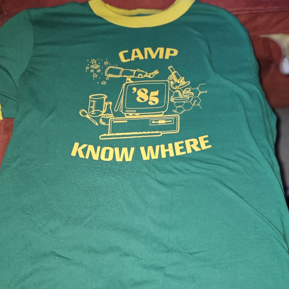 Hot Topic Green and Yellow 'Camp Know Where '85' Ringer Tee